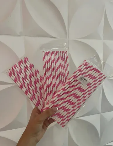 Canudo Biodegradáveis Rosa E Branco Para Festas Rosa-chiclete