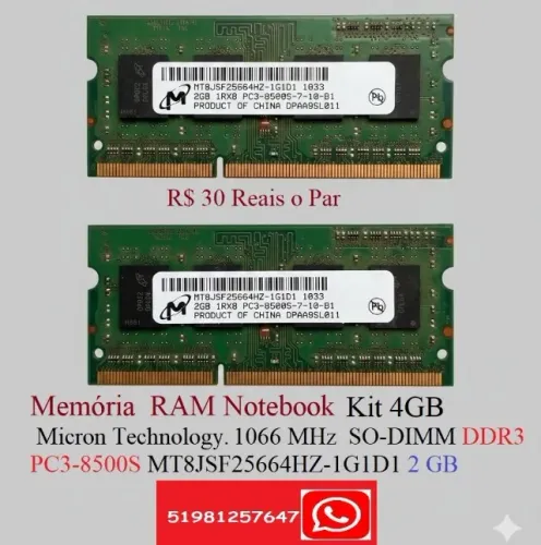 Memória RAM KIT 4GB, 1066 mhz e 1333 mhz Para Notebook