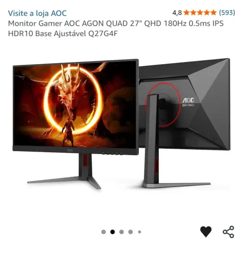 Monitor gamer AOC AGON QUAD 27" QHD 180hz 0,5ms IPS HDR 10 base ajustável Q27G4F