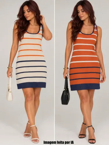 Vestido dupla face tricot curto tubinho listrado laranja Maria Filó - Ref.5209