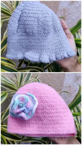 Kit 2 Toucas de Crochê Artesanais - Rosa com Flor + Cinza Brilhante