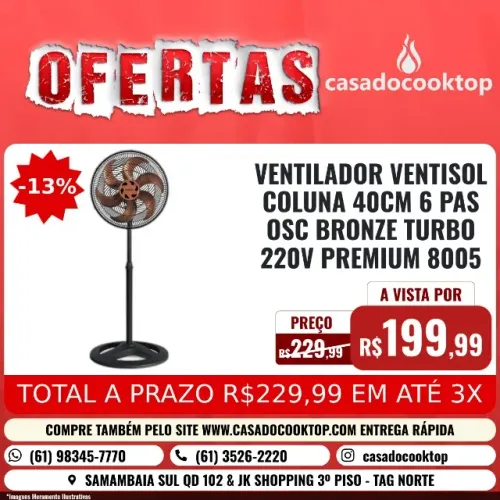 VENTILADOR VENTISOL COLUNA 40CM 6 PAS OSC BRONZE TURBO 220V PREMIUM 8005