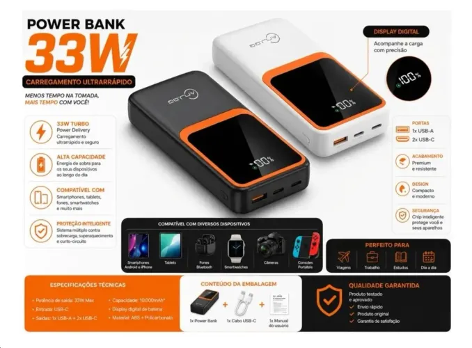 Carredo portátil de 20000mah turbo 33w com Mostrador digital 