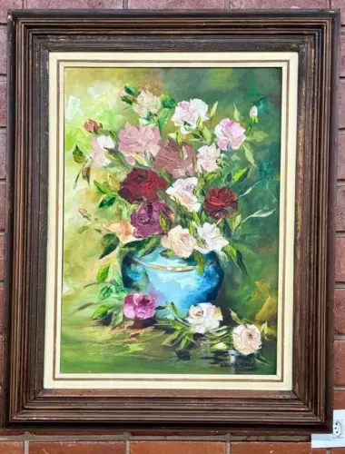 quadro à óleo sobre tela bouquet - moldura madeira