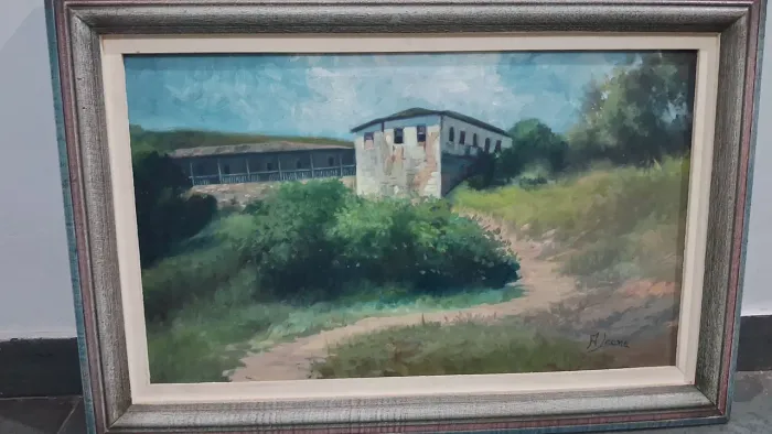 Quadro Belíssimo pintura a óleo paisagem rural com  casarão 