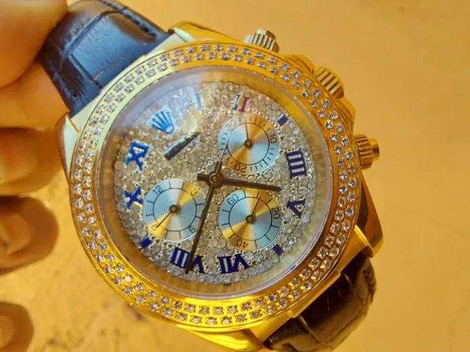 Relogio Rolx Daytona Dourado Brilhantes Pulseira Couro Preta Automatico Vidro Safira 40mm