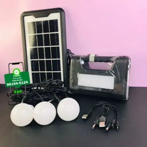 Kit Placa Solar Bateria Portátil com 3 Lâmpadas LED 110/220v Bivolt