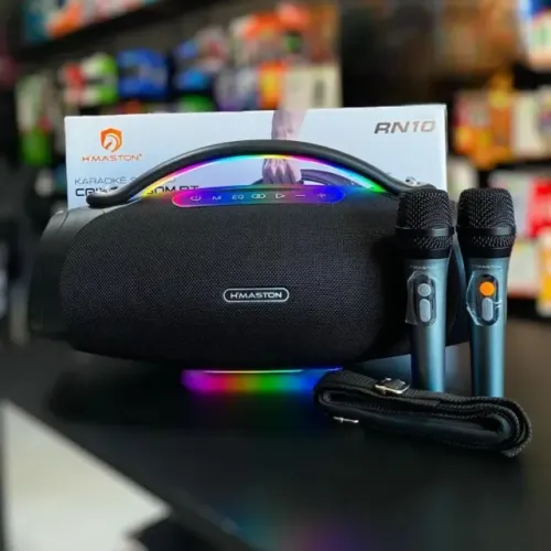 Caixa de Som Karaokê H'Maston RN10 200W Portátil Bluetooth TWS com 2 Microfones e RGB