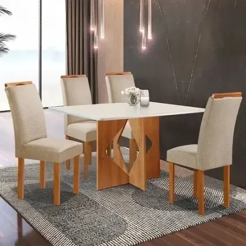 Mesa de Jantar Milão 120x80cm Tampo de Vidro c/ 4Cds Bege Cel Móveis - Entrega Rápida! 