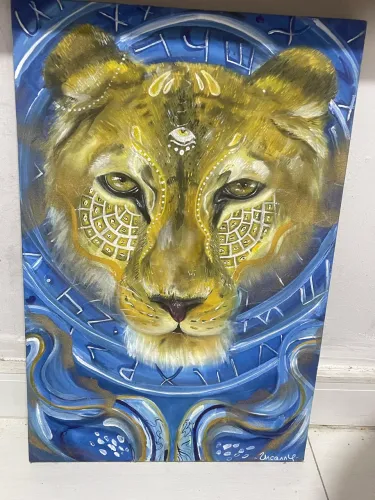 Quadro Leoa contemporâneo pintado em tela 