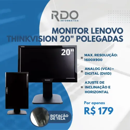 Monitor Lenovo ThinkVision 20" 1600x900 VGA/DVI Rotação de Tela - Barato!