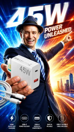 Carregador Universal Super Turbo 45W - 2 Saídas USB-C e USB-A, acompanha Cabo Emborrachado