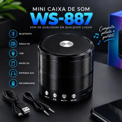 Mini Caixa de Som Bluetooth WS-887 | Portátil + Rádio FM + USB + SD