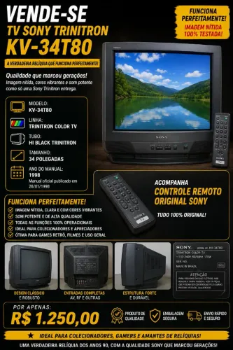 TV Sony Trinitron 34" Pol. CRT Retro Gaming (Modelo KV-34T80) + Controle Remoto Original