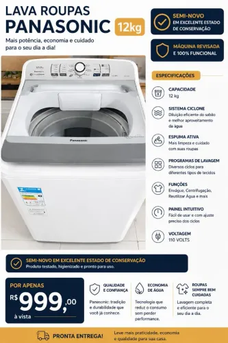 Maquina de Lavar Panasonic 12kg - Branco Impecável- Pouco tempo de uso