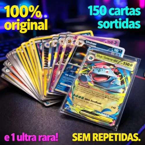 150 Cartas Pokémon com Rara Garantida