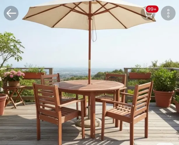 Vendo linda mesa de madeira maciça com 4 cadeiras e guarda sol gigante preto