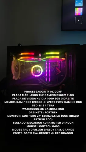 PC Gamer i7 10700KF + GTX 1060 + Monitor 27? 144Hz Setup Completo
