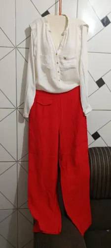 Calça em alfaiataria + blusa branca com gola em V