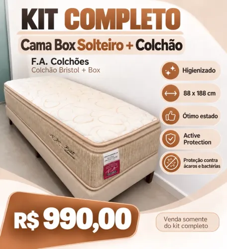 Cama Box Solteiro + Colchão F.A. Bristol | Higienizado | 88x188