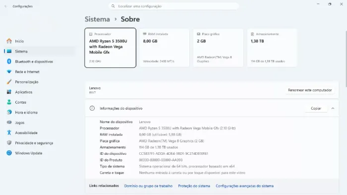Notebook Lenovo Ryzen 5 3500U | 8GB RAM | SSD 480GB | Pronto para uso