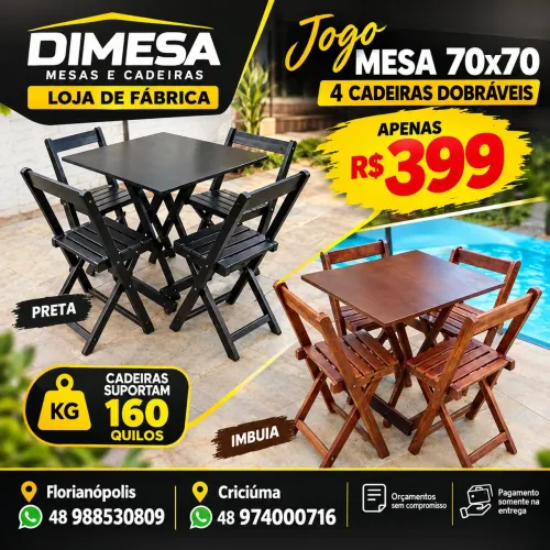 JOGO DE MESA 70x70 + 4 CADEIRAS DOBRÁVEIS ? R$399