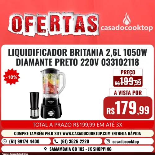 LIQUIDIFICADOR BRITANIA 2,6L 1050W DIAMANTE PRETO 220V 033102118