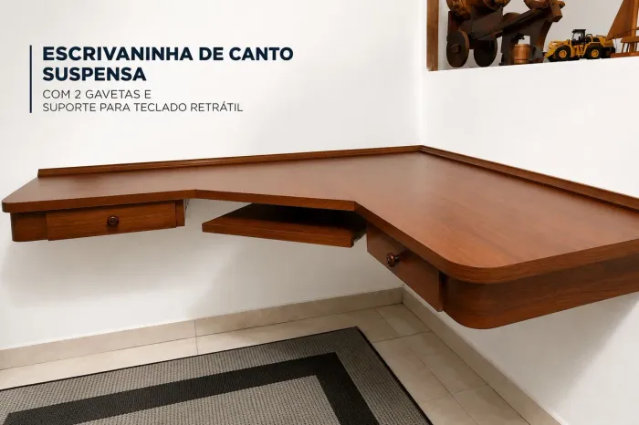 Escrivaninha de Canto Suspensa em Madeira com 2 Gavetas e Suporte Retrátil para Teclado