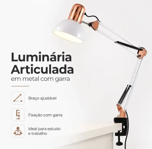 Luminária de Mesa Articulada em Metal com Garra para Escritório Leitura e Manicure