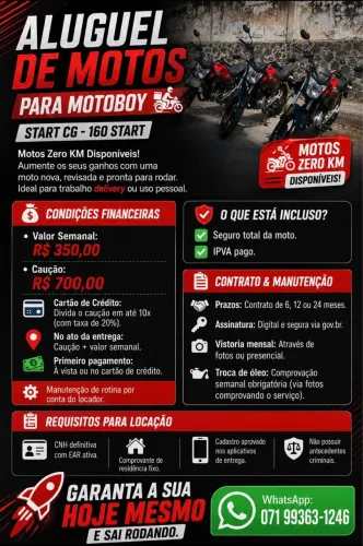ALUGUEL DE MOTOS PARA MOTOBOY START CG - 160 START