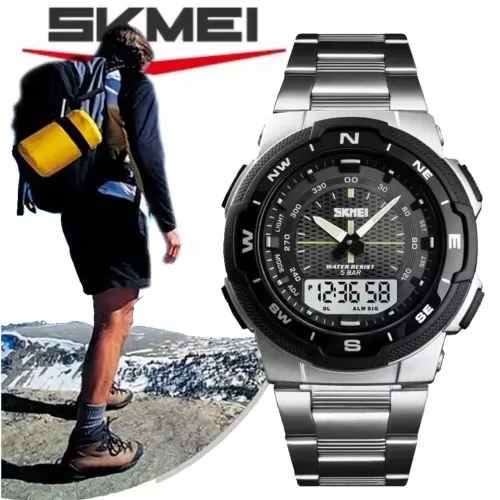 SKMEI Relógio Digital Pulseira Aço Inoxidável com Chrono 5Bar