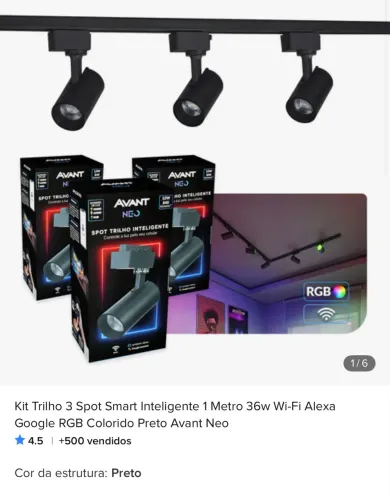 Kit Trilho 3 Spot Smart 36w Wi-Fi Alexa Google RGB Colorido Preto Avant Neo
