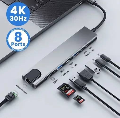 HUB 8 em 1 tipo c com USB 3.0 para 4k Adaptador HDMI com leitor de cartão rj45 sd/tf