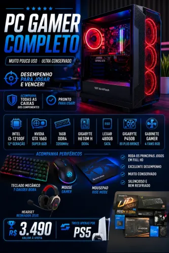 PC Gamer Completo + Periféricos | GTX 1660 SUPER | i3-12100F | 16GB RAM