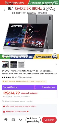 Monitor Portátil Arzopa 16,1polegadas 2.5K QHD 180Hz