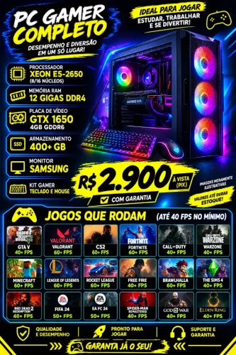 PC Gamer Completo GTX 1650 + Xeon E5-2650 | 12GB DDR4 + Monitor Samsung