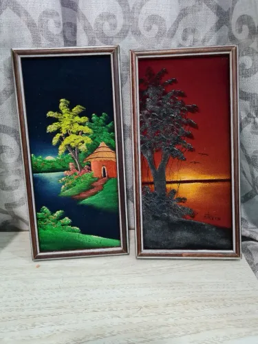 SOMENTE O DO NASCER DO SOL DISPONIVEL.Quadros pintura camurça assinados anos 70