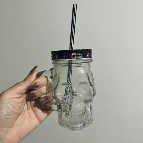 Copo Caneca Vidro Tampa E Canudo Caveira Festa Rock 380ml