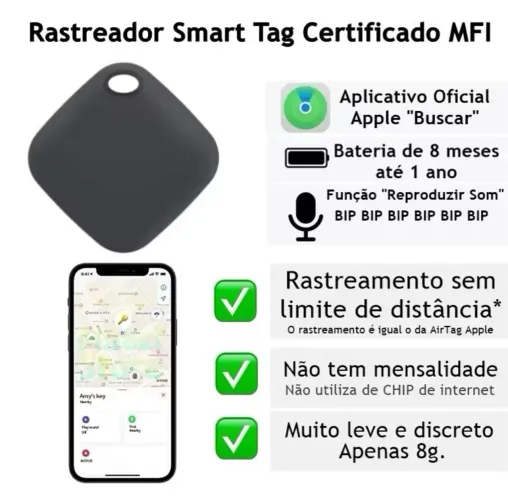 Rastreador Smart Tag Apple Certificado MFI - Rastreamento Ilimitado