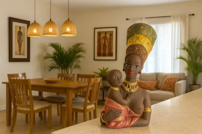 Escultura Africana com Filho Moderna Artesanal NOVA