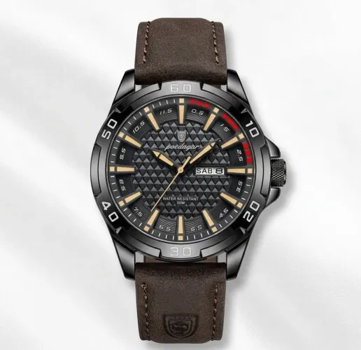 Relógio Poedagar Luxury 895 Gold Black Esportivo Premium Preto Pulseira Nobuck Marrom Belo
