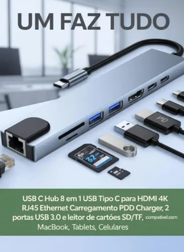 Hub USB-C 8 em 1 HDMI 4K RJ45 Cartão SD Micro SD Universal