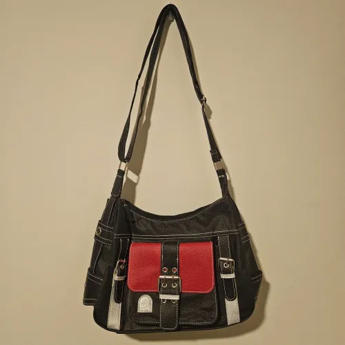 Bolsa Transversal Ajustável Preta Bordô Vintage Grunge Couro Macio Y2K Goth
