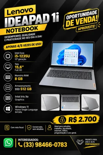 Lenovo IdeaPad 1i i5 12ª Geração | 8GB | SSD 512GB | Zerado