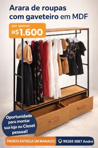 Araras para roupas com Baú gaveteiro de 1600 por apenas 800 no pix