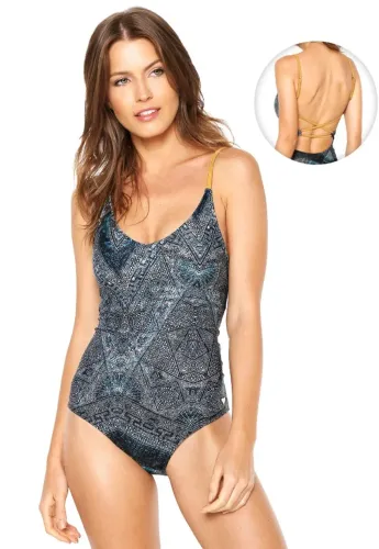 Roxy Avoya Bodysuit Maiô Azul Alças Douradas Estampado Frente Única com Bojo - Tamanho M