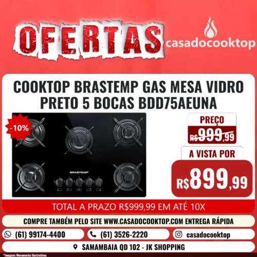 COOKTOP BRASTEMP GAS MESA VIDRO PRETO 5 BOCAS BDD75AEUNA