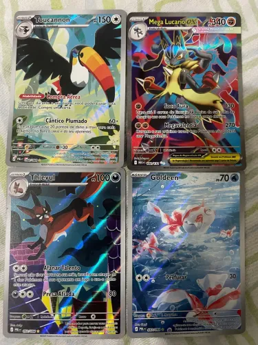 Lote 4 Cartas Pokémon TCG - Raras/Holo - Mega Lucario ex + Ilustrações original 