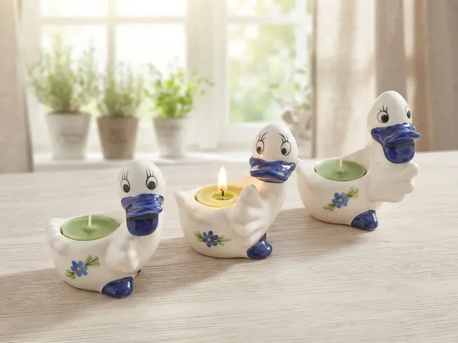 Kit 3 Porta-Velas Decorativos em Cerâmica - Patinhos com Velas