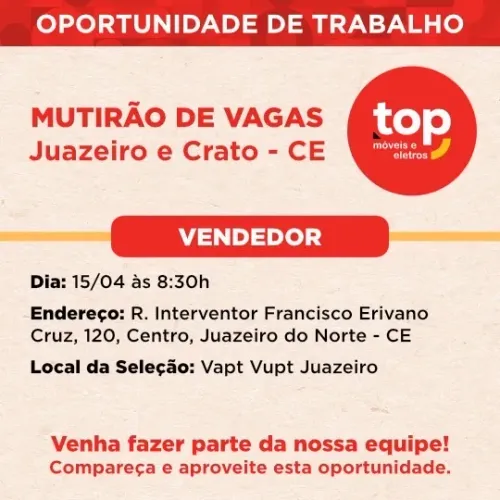 VAGAS VENDEDOR JUAZEIRO DO NORTE E CRATO